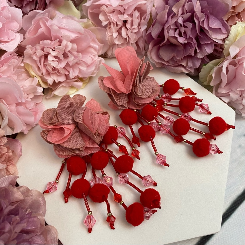 Boho Pink Rose Long Dangling Pom Pom Tassel Earrings - Picture 6 of 16